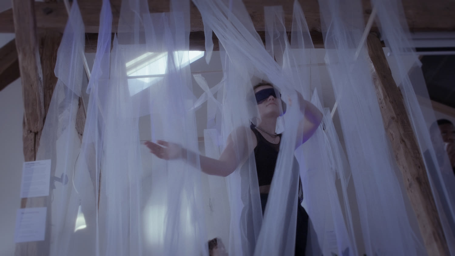 A blindfolded visitor reaching into the field in daylight