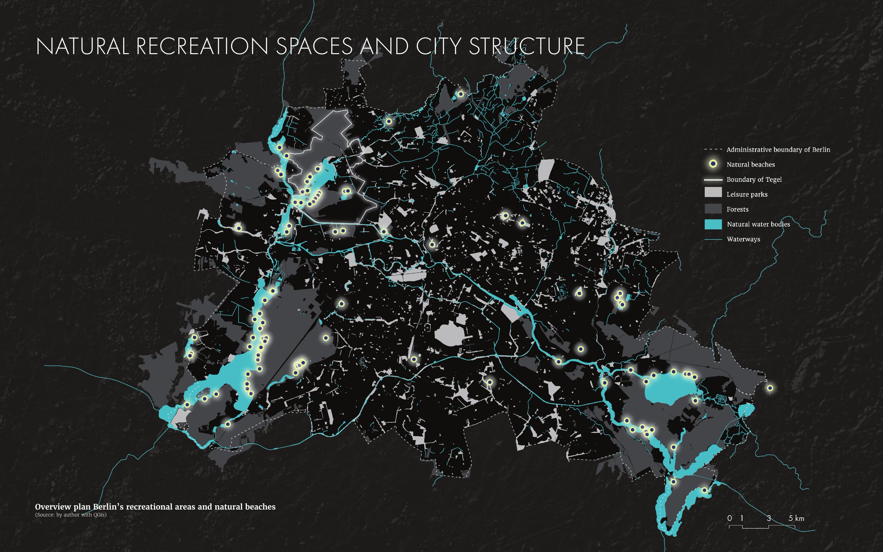 Natural recreation spaces and city structure · Berlin's water bodies and natural beaches on the dark city fabric