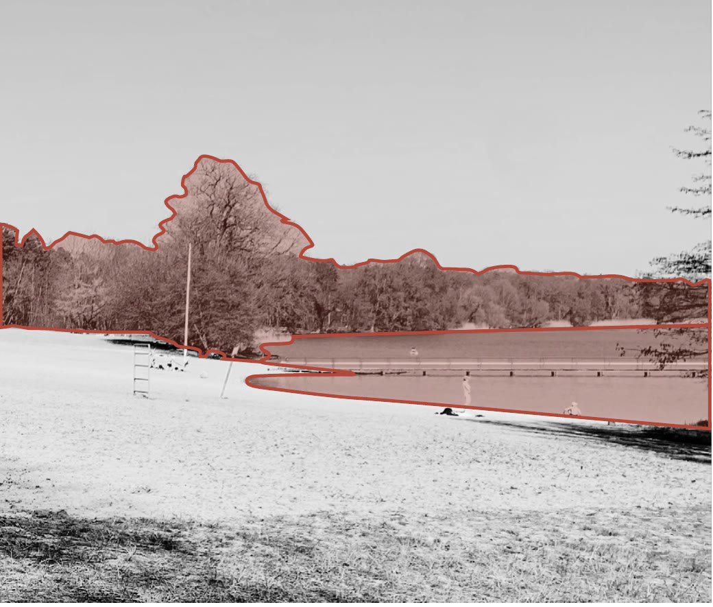 Snow-covered shoreline and bathing area outlined in red