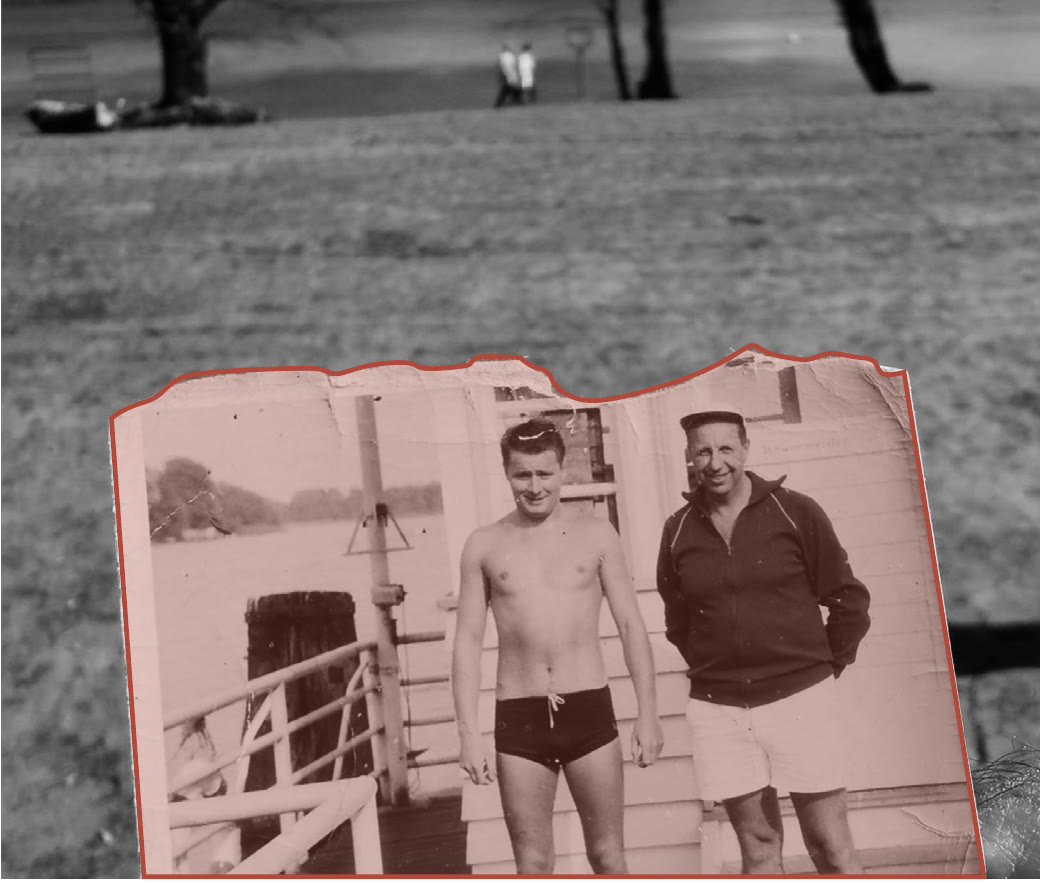 Archival photograph of two men at the Strandbad, outlined in red