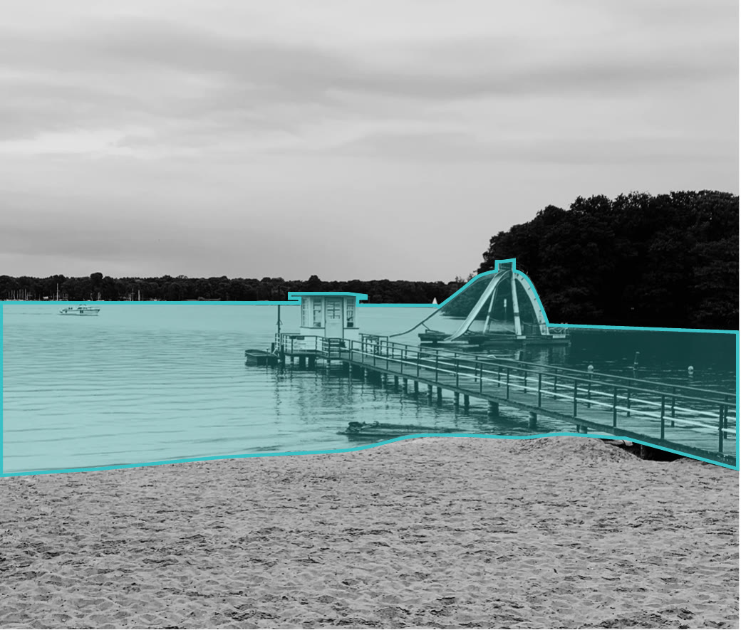 Bathing platform and water slide on the lake, marked in teal