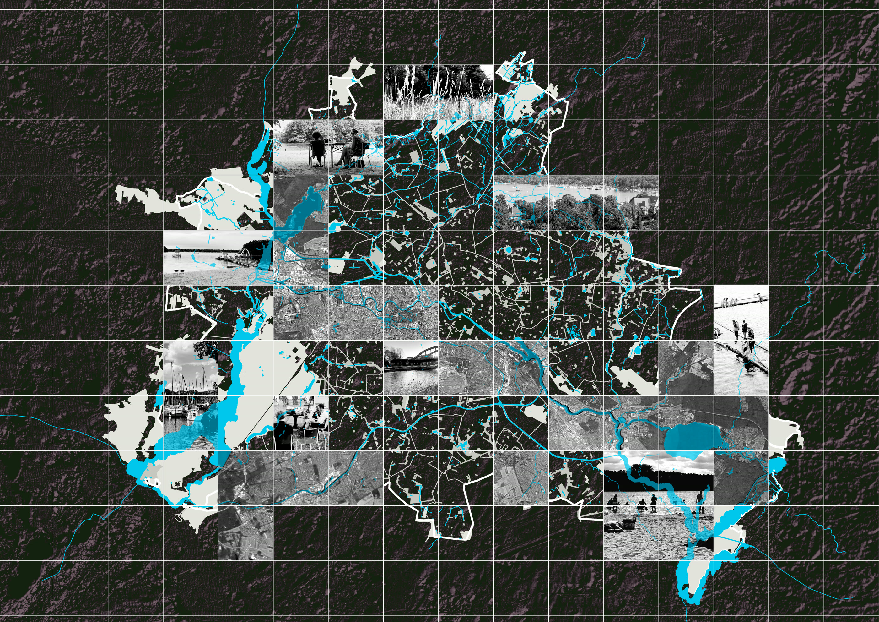 Berlin drawn as a grid of terrain, satellite tiles and photographs of the shore, with the city's water network threading through it