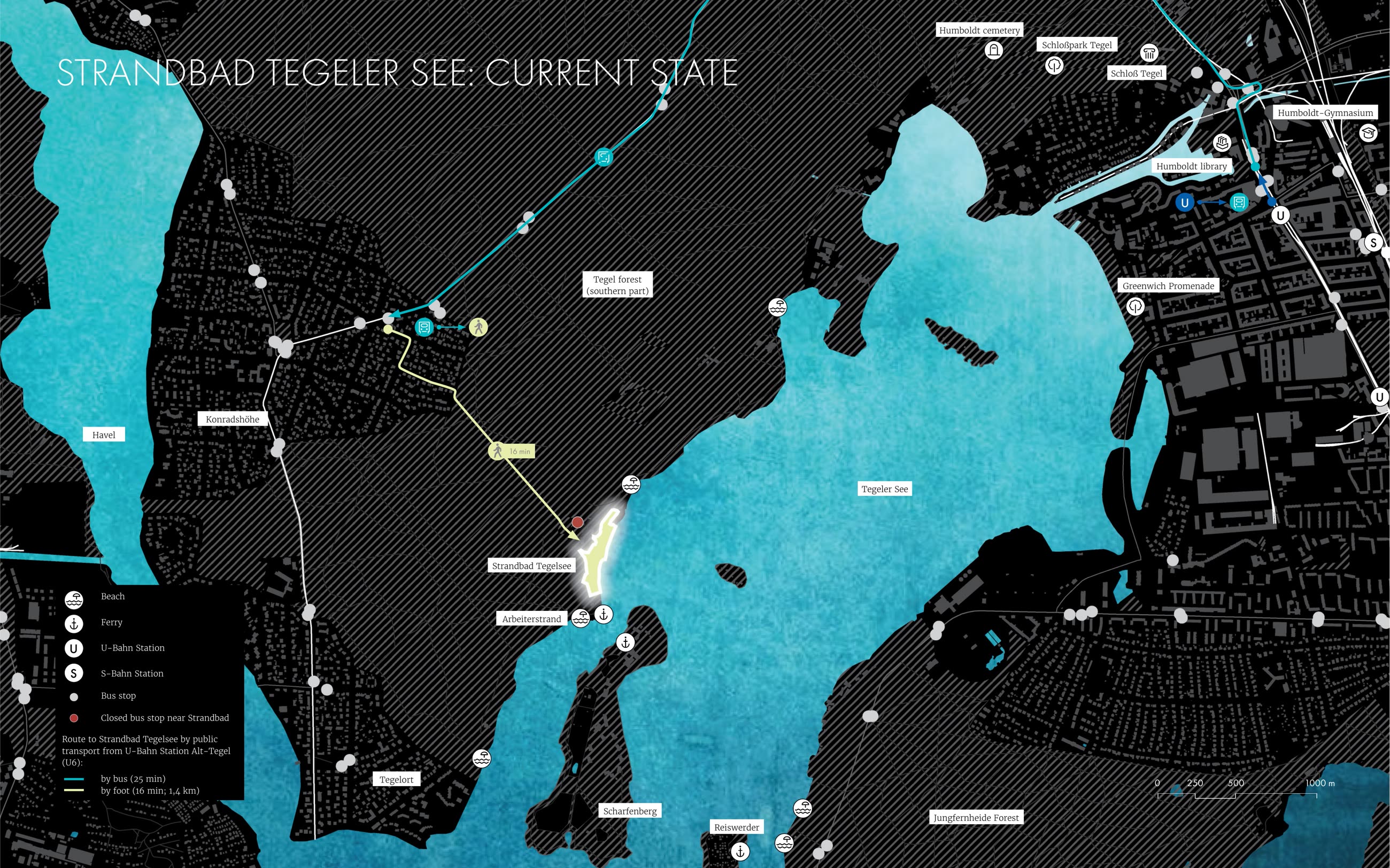 Dark map of the site showing the lake, transport routes and access points to Strandbad Tegeler See