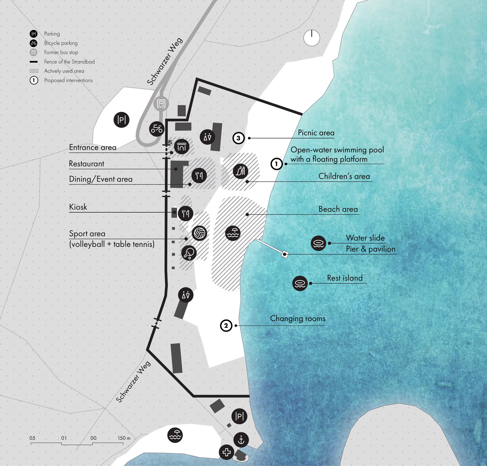Functional zoning and social programming plan of Strandbad Tegeler See, with numbered proposed interventions